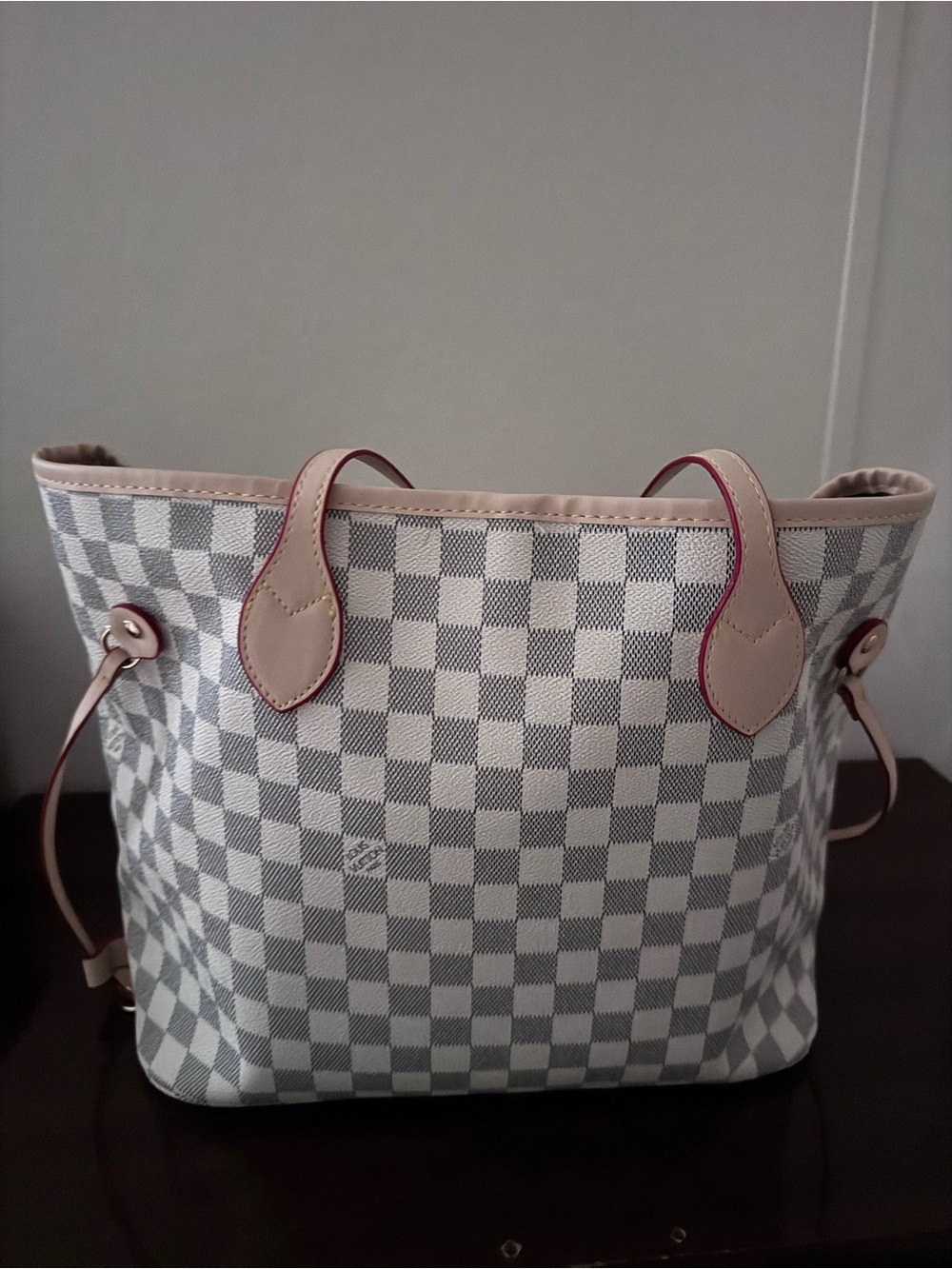 Checked Canvas Tote with Pale Pink Trim